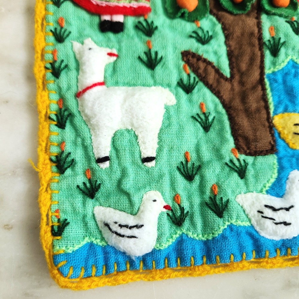 Peruvian Folk Art Tapestry Embroidered Orange Tree Wall Hanging Landscape - Picture 5 of 7